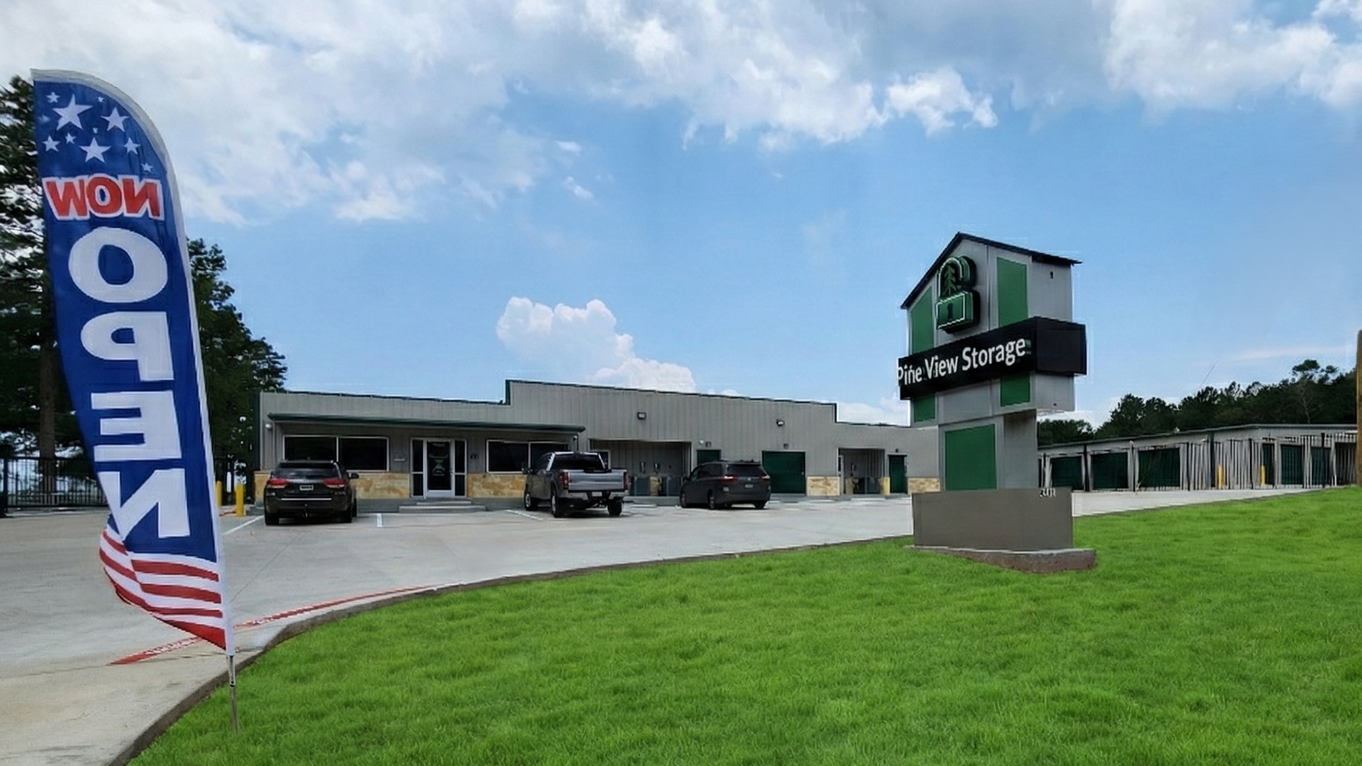 Pine View Storage self storage facility office and entrance sign on US Highway 190 in Livingston Texas near Lake Livingston